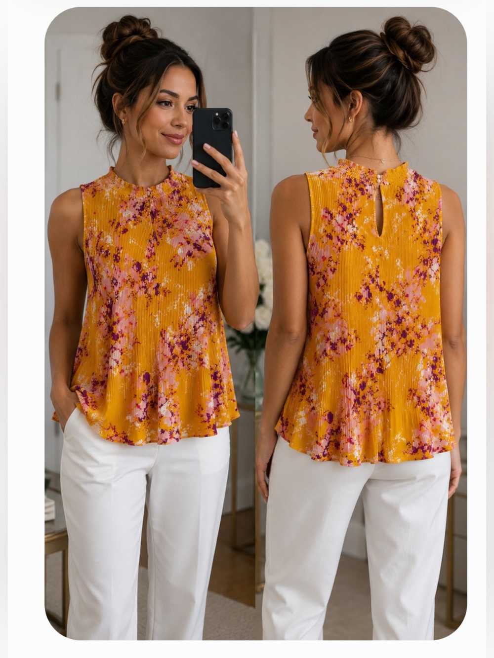Sleeveless Floral Pleated Mock Neck Top - Mustard